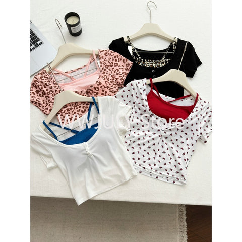 Sonicelife Summer Women Vintage Mori Girl Two Pieces Set  Slim Short Sleeeve Tops Gyaru 2000s Aesthetic Fashion T-Shirts Hot Sexy Coquette