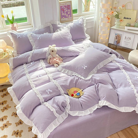 Sonicelife Kawaii Korean Bedding Sets No Filling Ins Princess Style Lace Bow Duvet Cover Fitted Sheet Girl Woman Home Bedroom Bed Linens