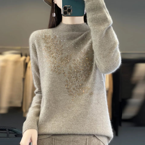 christmas outfit Sonicelife Women Autumn Winter Pure Wool Thickening Sweater Half-high Collar Leaf Studded with Diamonds Pullover Female Knitted Basis Top