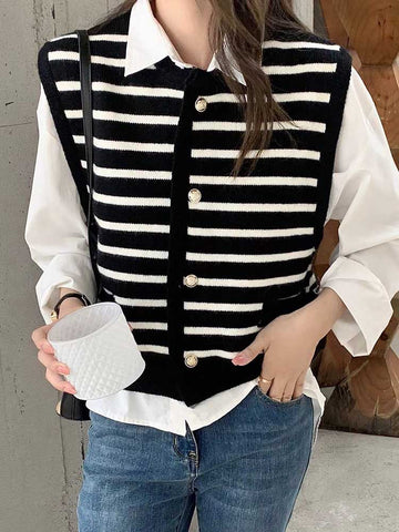 Sonicelife Vintage Striped Cardigan Vest Women Casual Harajuku Y2k Knitted Sweater Vest Fall Female Retro Korean Single Breasted Tops