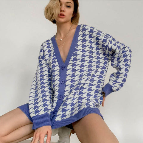 Sonicelife Vintage Houndstooth Cardigan Women Streetwear Loose Long Sleeve V Neck Knitted Coats American Retro Casual Oversize Tops
