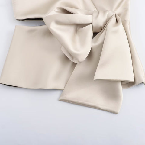 Sonicelife Women's Hanging Neck Top with Bow Decoration Silk Satin Hollow Sexy T-shirt New