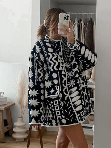 Sonicelife Chic Print Quilted Coat Women Loose O-neck Single-breasted Pocket Long Sleeve Female Jacket 2024 Autumn Lady High Street Outwear