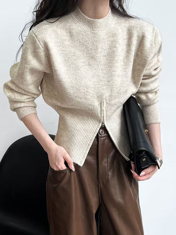 Sonicelife Retro Design Zipper Sweaters Women Casual Korean Loose Long Sleeve Knitted Pullovers Vintage Simple Solid Female Jumper Top