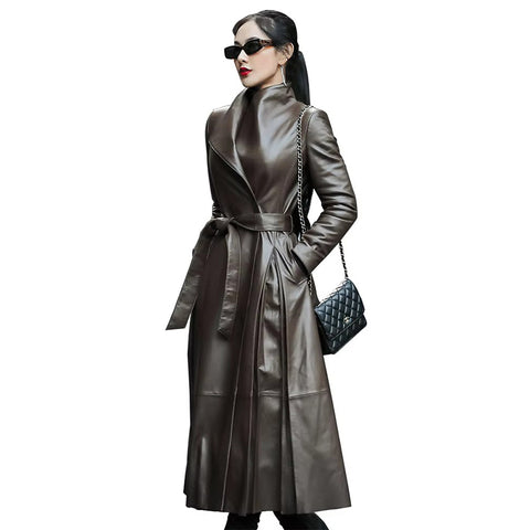 christmas outfit Sonicelife Spring Long Black Soft Skirted Pu Leather Trench Coat for Women Sashes  Elegant Luxury Plus Size Clothes 5xl 6xl 7xl