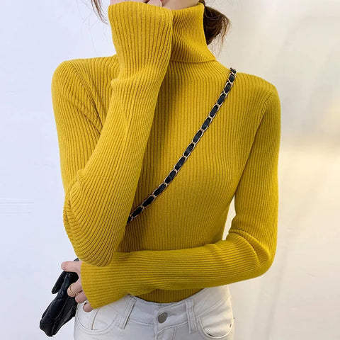 Black Friday Sonicelife Zoki Autumn Fashion Women Turtleneck Sweater Korean Long Sleeve Simple Basic Slim Elastic Jumper Solid Screw Thread Elegant Tops