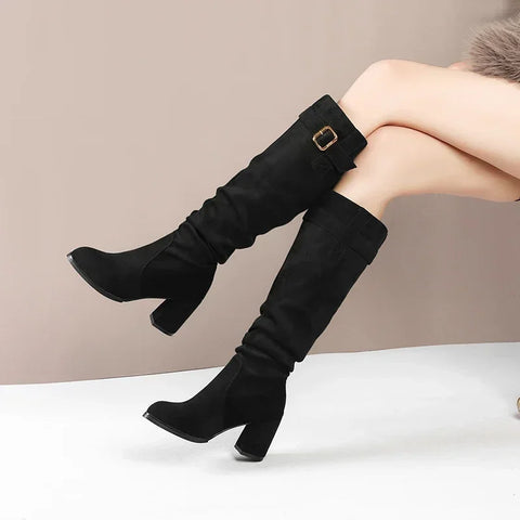 Sonicelife Female Shoes on Sale 2025  High Quality Sleeve Women's  Winter Pointed Toe Suede Solid High Tube Chunky Heels Fashion Boots