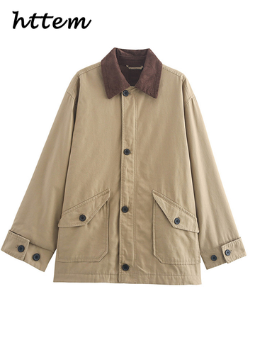 Sonicelife Casual Patchwork Cargo Jacket Women Contrast Lapel Single Breasted Pocket Full Sleeve Coat 2024 Autumn Winter Lady Retro Outwear
