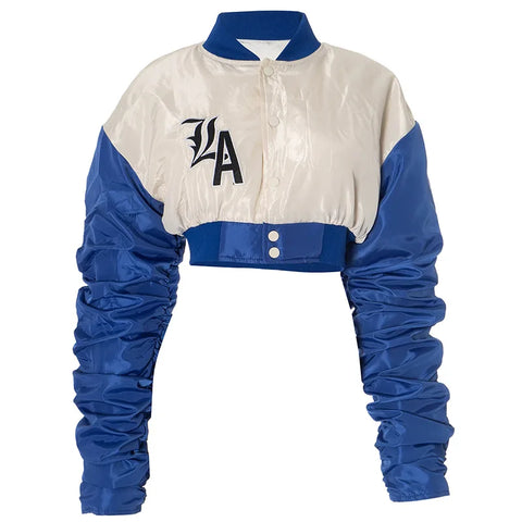 Sonicelife Y2K Women Letter Embroidery Crop Baseball Jackets Pleated Sleeves Outcoats Varsity Single Breasted Button Bomber Jacket Uniform