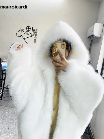 christmas outfit Sonicelife Winter Oversized Black Warm Shaggy Hairy Faux Fox Fur Coat Women with Hood Bat Sleeved White Korean Fashion 2025