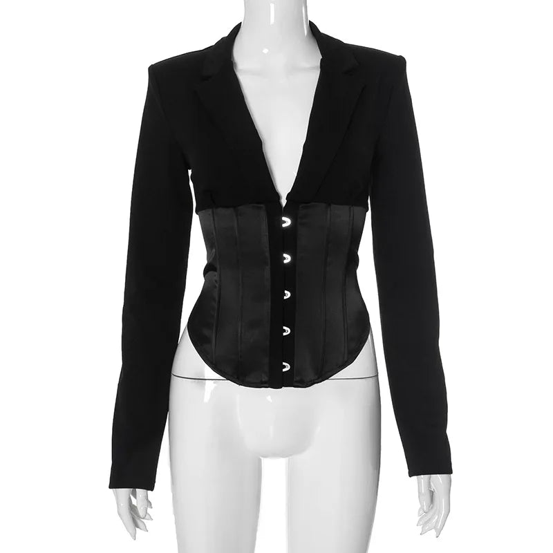 Sonicelife Fashion Women Fishbone Corset Jacket Blazer Slimming Waist Lapel Crop Jackets Outcoats Office Lady Party Low-cut Outwear Tops