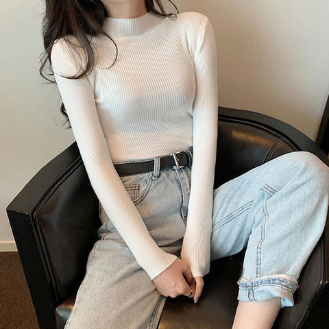 Black Friday Sonicelife Knitted Solid Slim Turtleneck Women Casual Simple Elastic Thin Pullover Sweaters Lady Korean Autumn Chic Daily Basic Knitwear