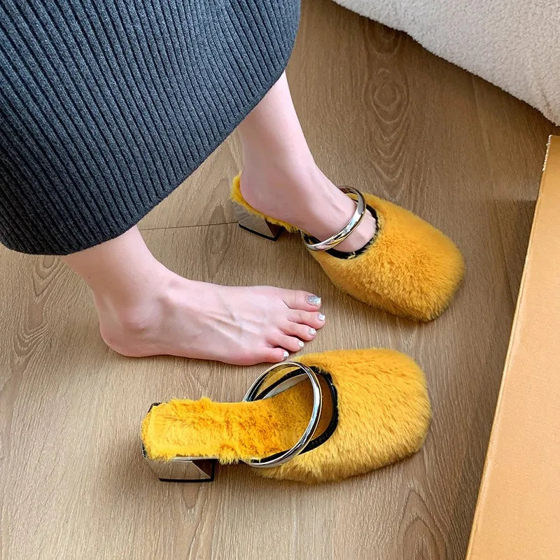 Sonicelife Comfortable Soft Fur Mules Slippers Women Autumn Winter Square Heels Warm Plush Slippers Woman High Heel Faux Fur Slides