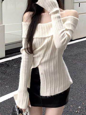 Sonicelife-Long Sleeve Off-Shoulder Ribbed-Knit Sweater