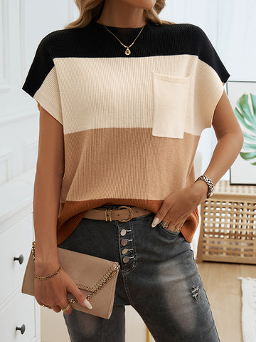 christmas outfit Sonicelife Loose Short Sleeves Contrast Color Pockets Round-Neck Sweater Tops