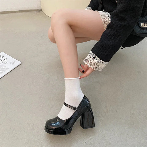 Sonicelife 2024Mary Jane Shoes Women Retro British Style Hepburn Black High Heel One Word Buckle Thick Heel Square Head Single Shoes Women