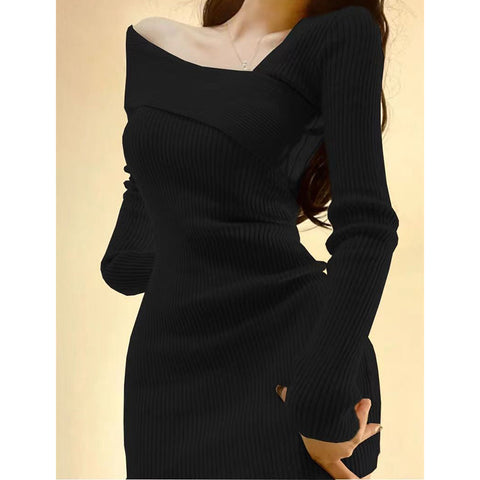 Black Friday Sonicelife Knitted Dress Women Autumn Winter Long Sleeved Sexy Off Shoulder Stretch Sweater Solid Elegant Skinny Chic Korean Lady Dress