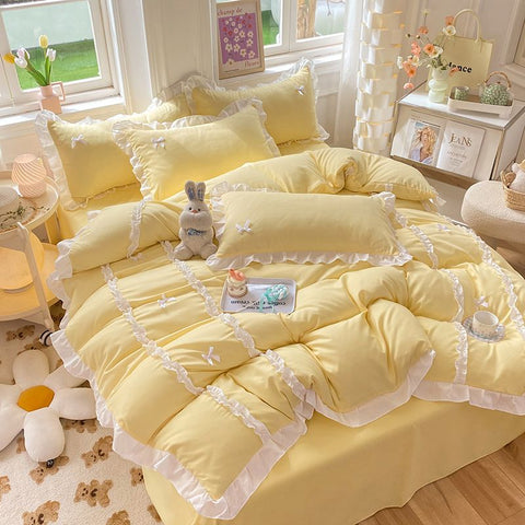 Sonicelife Kawaii Korean Bedding Sets No Filling Ins Princess Style Lace Bow Duvet Cover Fitted Sheet Girl Woman Home Bedroom Bed Linens