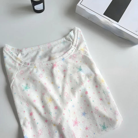 Sonicelife 2025 White Sweet Star Print T-shirt Women Harajuku Korean Y2k Tee 90s Aesthetic 2000s Fashion Vintage Slim Fashion Tops Clothes