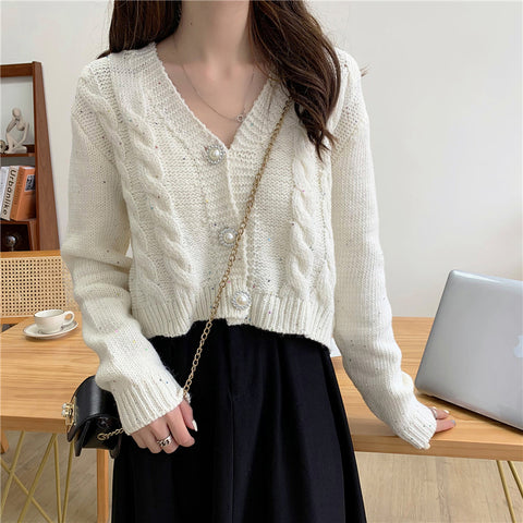 Sonicelife Chic Pearl Buttons Cardigan Women Sweet Long Sleeve Cropped Elegant Knitted Sweaters Coat Korean Long Sleeve White Cardigan