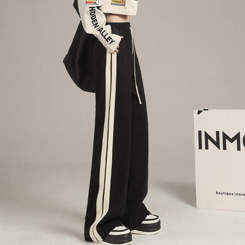 Sonicelife Korean Fashion Wide Leg Pants Women Casual High Street Striped Straight Pants Autumn New All Match Loose High Waist Trousers