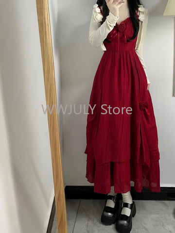 Sonicelife Elegant Holiady Dress Set Woman Casual Y2k Crop Tops + Red Sexy Sleeveless Midi Dress Vacation Style Korean Fashion 2 Piece Set