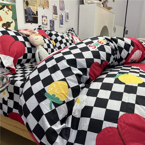 Sonicelife Ins Pink Cute Duck Cartoon Fruit Printed Bedding Set Soft Queen King Size Flat Bed Sheet Quilt Cover Pillowcase Kawaii