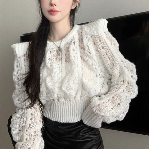 Black Friday Sonicelife Chic Knitted Sweater Women Hollow Long Sleeved Slim Fall Pullover Elegant O-Neck Vintage Solid Twist Harajuku Cropped Jumpers