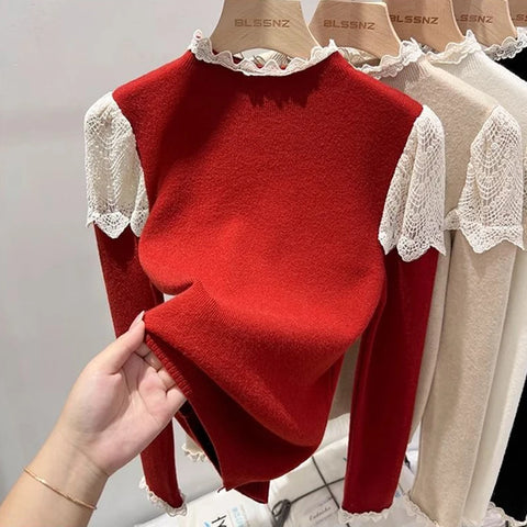 Black Friday Sonicelife Lace Patchwork Knitted Sweater Women Chic Elegant Stand-Collar Fall Winter Tops Solid Ruffled Long-Sleeve Sweet Jumpers Pullover