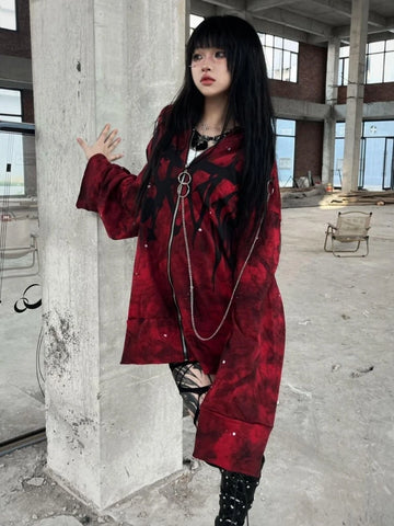 Sonicelife 2025 Y2k Aesthetic Printing Punk Hoodies Women Grunge Loose Pocket Oversized Hooded Hoody Harajuku Streetwear Zipper Sweatshirts