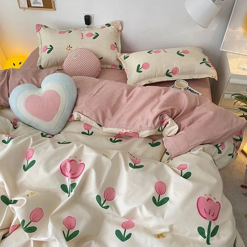 Sonicelife Ins Pink Tulip Bedding Set Floral Duvet Cover Flat Sheet with Pillowcases No Filling Single Queen Size Boys Girls Bed Linen