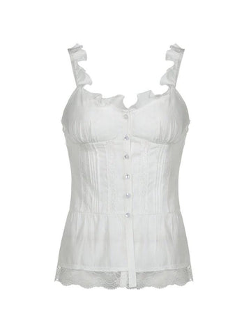 Sonicelife Ruffled Lace Stitching White Tank Top