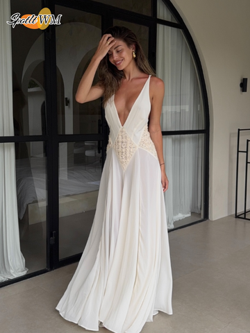 Sonicelife Summer Elegant V Neck White Maxi Dress For Women Fashion See Through Sling Long Dresses New Lady High Street Holiday Robes 2025