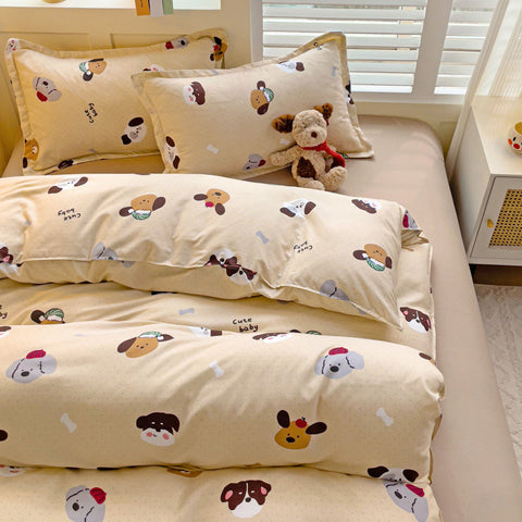 Sonicelife Cute Dog Bedding Set New Design Girls Ins Duvet Cover with Zipper No Filler Flat Sheet Pillowcase Queen Size Bed Linens