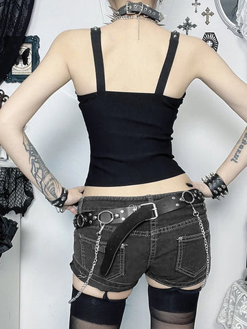 Sonicelife Y2k Cyber Punk Camisole Women Dark Gothic Streetwear Harajuku Grunge Printed Rivets Lace Patchwork Zip-up Crop Ank Tops