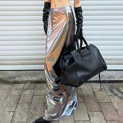 Sonicelife Y2K Lady Metallic Silver PU Leather Long Skirts Low Elastic Waist Maxi Skirts Summer Party Women Sexy Metallic Color Slim Skirts