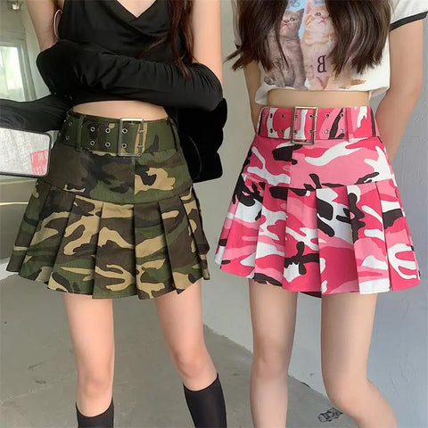 Sonicelife Summer Women Pink Camouflage Pleated Skirts Dance Girls School High Waist Belt Camo Pleated Skirts Cosplay  A Line Mini Skirts