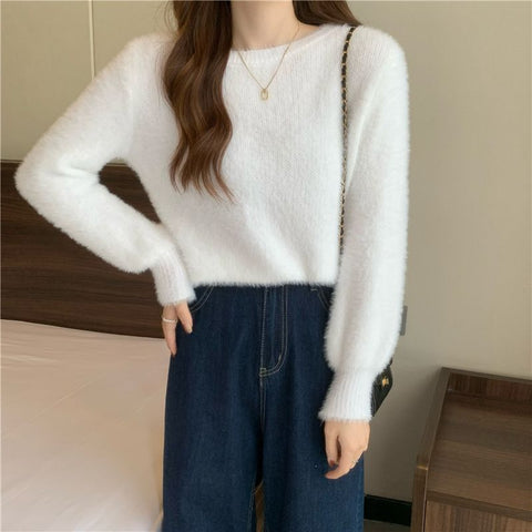 Black Friday Sonicelife Autumn Winter Knitted Sweater Women Fashion Korean Hairy Loose Long Sleeve All Match Pullover Sweaters Solid O Neck Warm Jumper