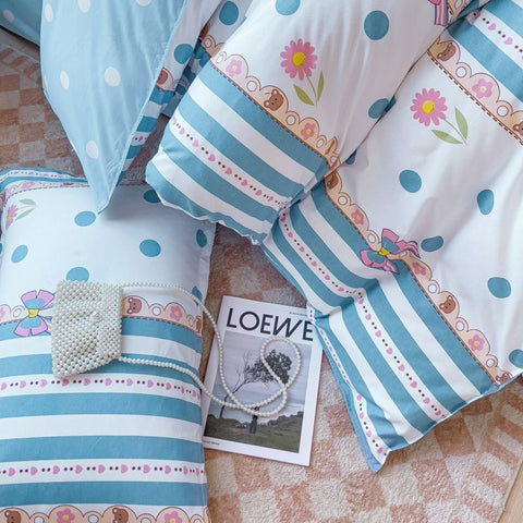 Sonicelife Ins Blue Stripe Duvet Cover Set Soft Flat Sheet Quilt Cover Pillowcase Bed Linen Twin Queen Full Size Floral Bedding Set