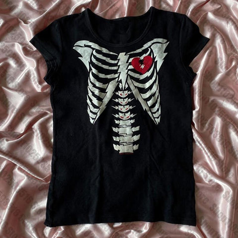 Sonicelife Harajuku trashy Y2K skeleton Graphics Kawaii Short Sleeve T-shirts Summer Emo girl Crop Tops Slim tops Streetwear Goth Baby Tee