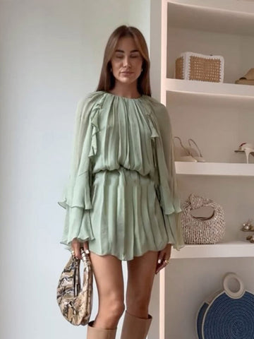 Sonicelife Chiffon Green Ruffles Mini Dresses Women Elegant Long Sleeve A Line Beach Robe Fashion Lady Ruffles Holiday Summer Party Vestido