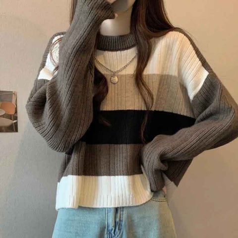 Black Friday Sonicelife Retro Stripe Knit Sweater Women Fall Loose Slouchy O Neck Long Sleeve Patchwork Pullover Y2K Korean Streetwear Casual Jumpers