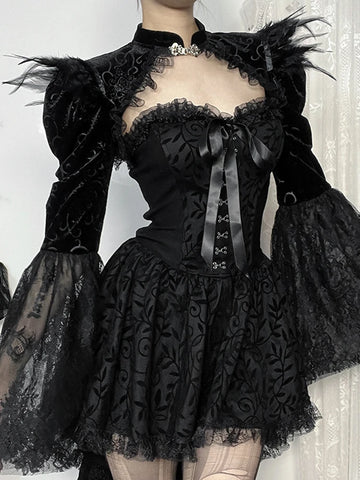 Sonicelife Palace Style Gothic Smock Women Vintage Streetwear Y2k Feather Lace Patchwork Flare Sleeve Crop Tee Tops Cosplay Clothes