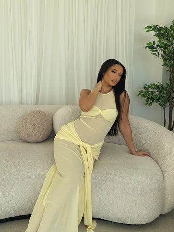 Sonicelife Elegant See Through Lady Dress Fashion Round Neck Knot Pleated Bodycon Maxi Dress Summer Female New Slim Fit Yellow Robes 2025