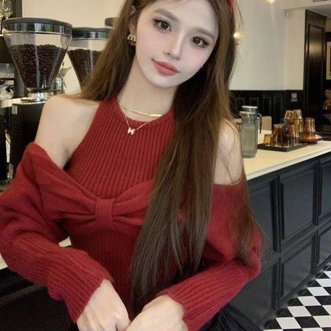 Black Friday Sonicelife Sexy Off Shoulder Sweater Women Christmas Elegant Manners Bow Solid Two Piece Knit Jumpers Chic Vest Commuter Office Lady Tops