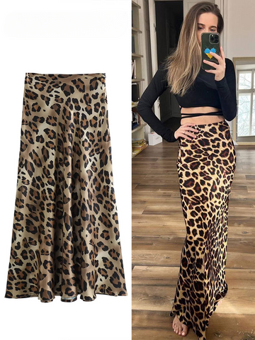 Sonicelife 2024 Summer Woman Leopard Print Skirt Vintage High Waist Loose Midi Skirts Chic Elegant Casual Streetwear Women's Skirt