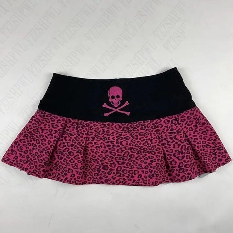 Sonicelife Y2K Vintage Fashion high-waisted pleated skirt for women Cute pink skull Mini skirt for Street slim-fit A-line Hot Girl skirt