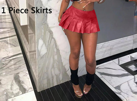 Sonicelife Pink PU Leather Pleated Skirts Sexy Cute Women High Waist Mini Pleat Short Skirt Party Leather A Line Skirts Cosplay Outfits XXL