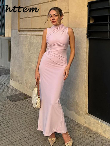 Sonicelife Elegant Pleated Long Dresses Women Bodycon Sleeveless Half High Collar Back Split Long Dress 2024 Summer Lady Pink Party Robes