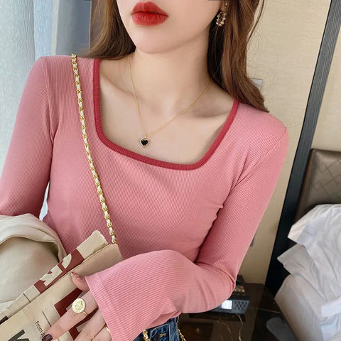 Sonicelife Square Collar Long Sleeve T Shirt Women New Casual Korean Slim Crop Tops Autumn Irregular Solid All Match Shirt Female Top